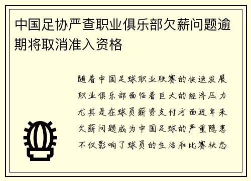 中国足协严查职业俱乐部欠薪问题逾期将取消准入资格