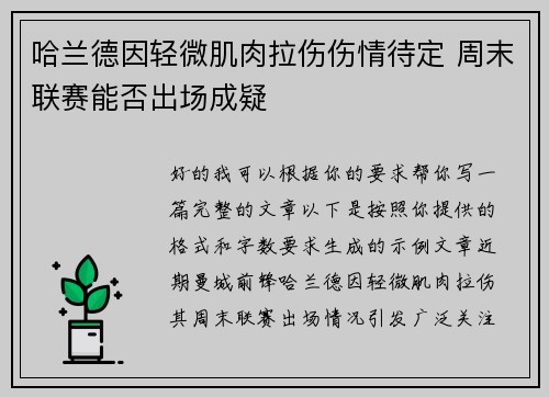 哈兰德因轻微肌肉拉伤伤情待定 周末联赛能否出场成疑 哈兰德因轻微肌肉拉伤伤情待定 周末联赛能否出场成疑